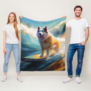 Alaskan Malamute Strand Surfing Schilderij Fleece Deken
