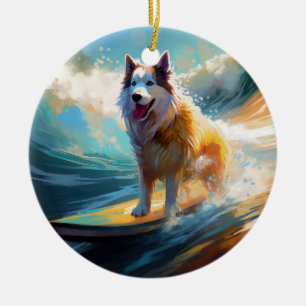 Alaskan Malamute Strand Surfing Schilderij Keramisch Ornament