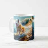 Alaskan Malamute Strand Surfing Schilderij Koffiemok (Voorkant links)