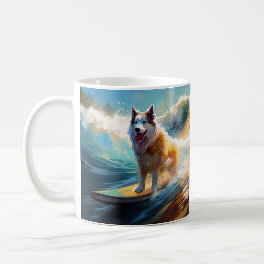 Alaskan Malamute Strand Surfing Schilderij Koffiemok (Links)