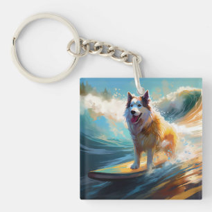 Alaskan Malamute Strand Surfing Schilderij Sleutelhanger