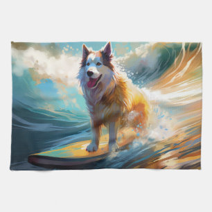 Alaskan Malamute Strand Surfing Schilderij Theedoek