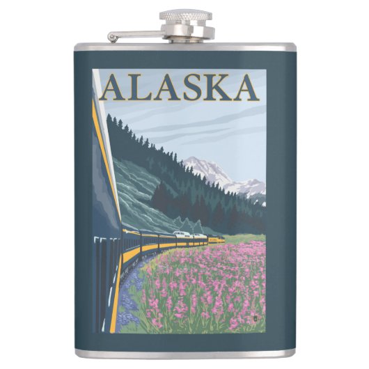 AlaskaRailroad en Fireweed Vintage Travel Heupfles (Voorkant)
