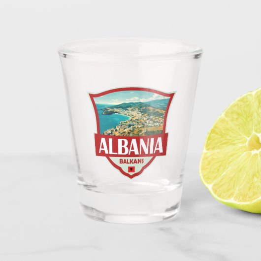 Albanië Illustratie Retro Badge Shot Glas (Voorkant)