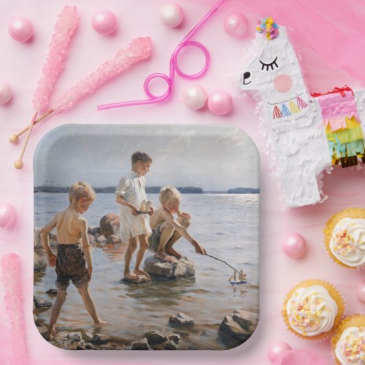 Albert Edelfelt - Boys spelen op de kust Papieren Bordje (Feest)