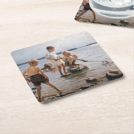 Albert Edelfelt - Boys spelen op de kust Vierkante Kartonnen Onderzetter (Schuin)