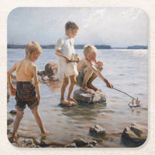 Albert Edelfelt - Boys spelen op de kust Vierkante Kartonnen Onderzetter