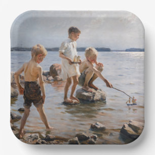 Albert Edelfelt - Jongens spelen op de oever Papieren Bordje