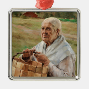 Albert Edelfelt - Oude vrouw met een plint mandje Metalen Ornament