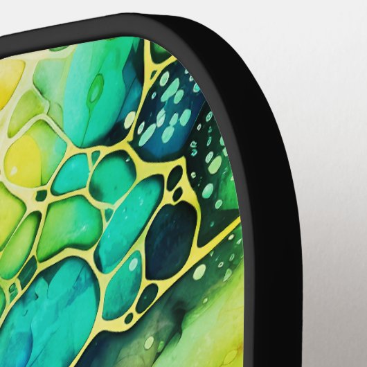 Alcohol en inkt Artsy groen, blauw en geel Pickleball Paddle (Links Detail)