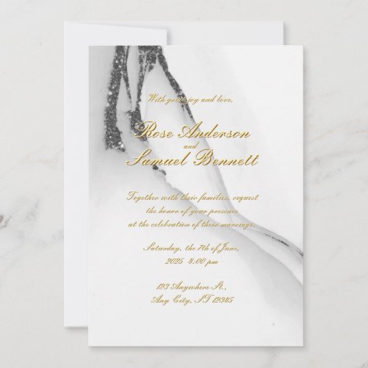 Alcohol Ink Black White Glitter Wedding Invitation Kaart (Voorkant)
