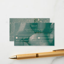 Alcohol Ink Green Glitter Wedding RSVP Ca Kaart