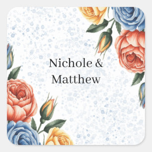 Alcohol Inkt Aquarel Blauw Oranje Rozen Bruiloft Vierkante Sticker