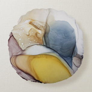 Alcoholinkt wervelt, gele tint, abstract. rond kussen