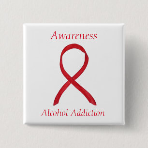 Alcoholverslaving bewustzijn rode lint speld vierkante button 5,1 cm