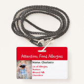 Alerte d'allergie alimentaire badge photo personna (Devant avec lanière)