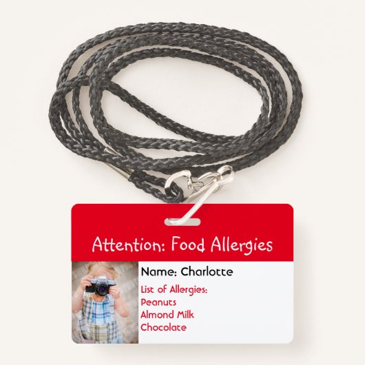 Alerte d'allergie alimentaire badge photo personna (Devant avec lanière)