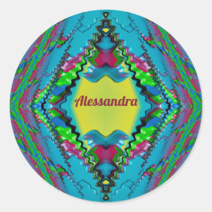 ALESSANDRA ~ Zwart Roze Blauw en Geel Fractal ~ Ronde Sticker