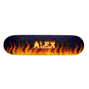 Alex skateboard brand en vlammenontwerp.