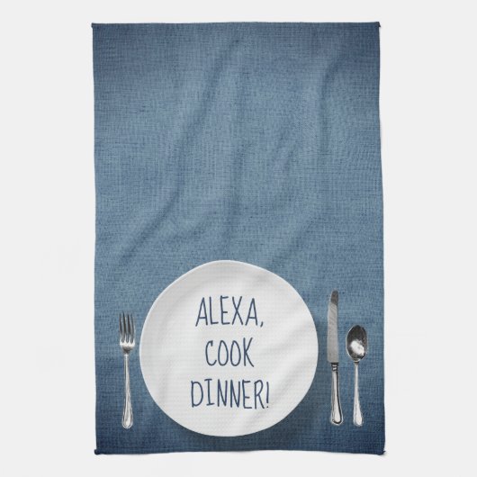 Alexa Command humor op denim blauw Theedoek (Verticaal)