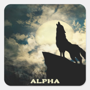 Alfa Wolf Huilt Bij De Volle Maan Vierkante Sticker