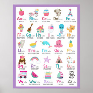 Alfabet A tot Z Kinderen Baby Nursery op Paars Poster