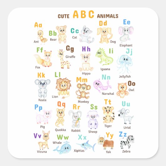 Alfabet Dier ABC Leuke dieren Vierkante Sticker (Voorkant)
