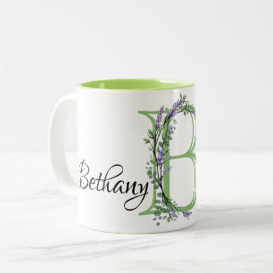 Alfabet letter B, waterverf Lavendel botanisch Tweekleurige Koffiemok