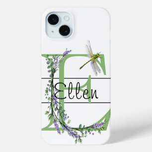 Alfabet letter E, waterverf Lavendel Dragonfly iPhone 15 Mini Hoesje