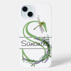 Alfabet letter S, waterverf Lavendel Dragonfly iPhone 15 Mini Hoesje