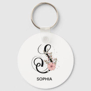 Alfabet Script Letter S Floral Monogram bloem Sleutelhanger