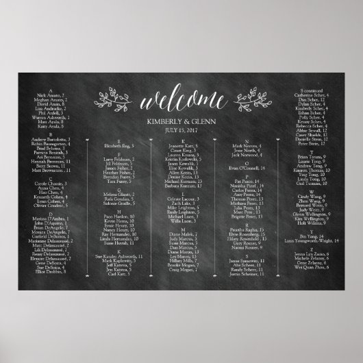 Alfabetisch Chalkboard Wedding Seding Chart Poster (Voorkant)