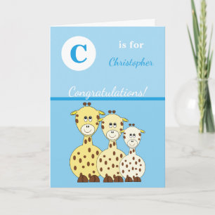 Alfabetnaam nieuwe baby schattige giraffen blauw kaart