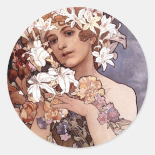 Alfons Mucha: Bloem Ronde Sticker