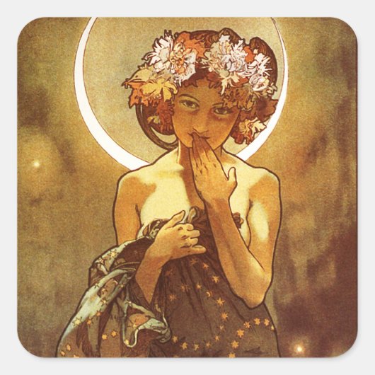 Alfons Mucha: Luna Vierkante Sticker (Voorkant)