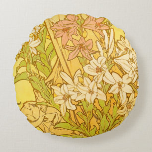 Alfonse Mucha Art Nouveau lelie bloemen Rond Kussen