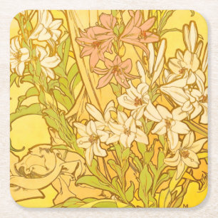 Alfonse Mucha Art Nouveau lelie bloemen Vierkante Kartonnen Onderzetter