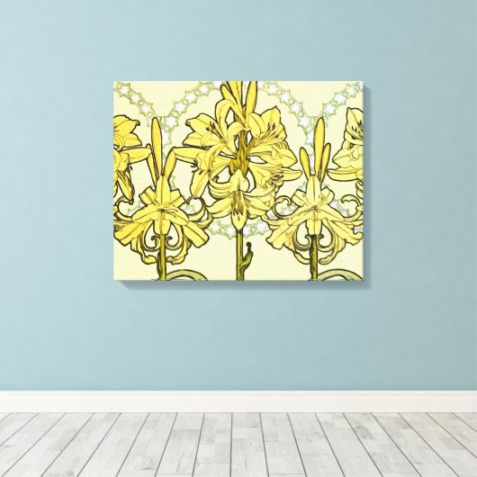 Alfonse Mucha Art Nouveau Lily Floral Pattern Canvas Afdruk (Insitu (Houten vloer))