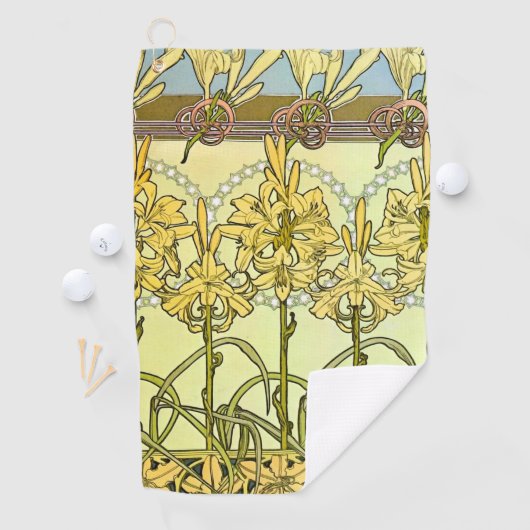 Alfonse Mucha Art Nouveau Lily Floral Pattern Golfhanddoek (Insitu)