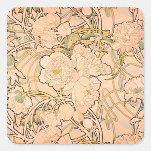Alfonse Mucha Art Nouveau Peonies Vierkante Sticker