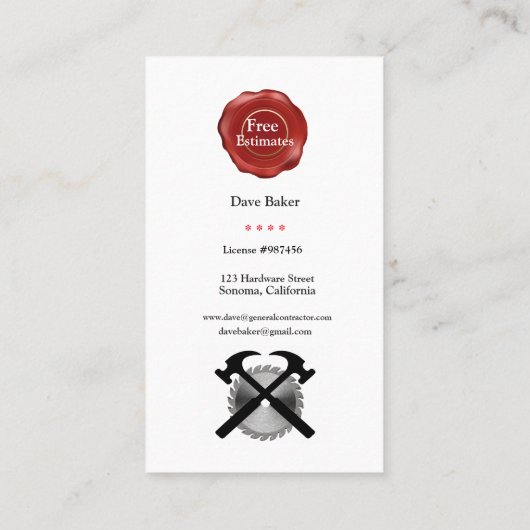 Algemene Visitekaartjes van aannemers (Achterkant)