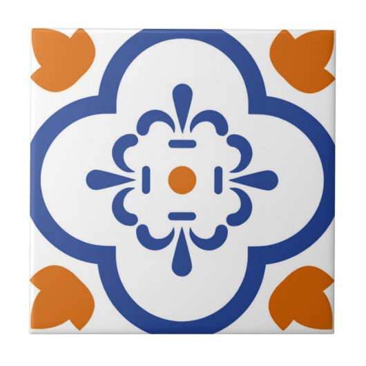 Alhambrategels oranje blauwe bloemen tegeltje (Voorkant)