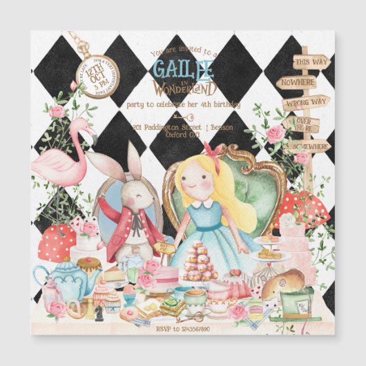 Alice Adventures in Woderland Verjaardags Tea Part Magnetische Uitnodiging (Voorkant)
