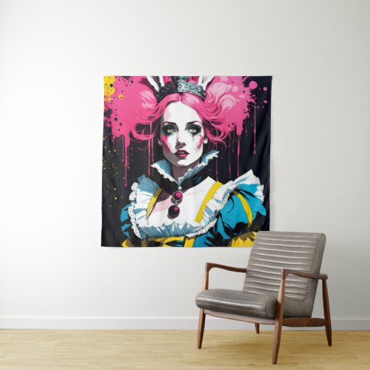 Alice als het konijn met roze haar wandkleed (In situ)