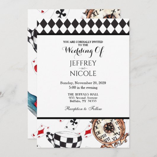 Alice au pays des merveilles À damiers Faire-part  (Devant / Derrière)