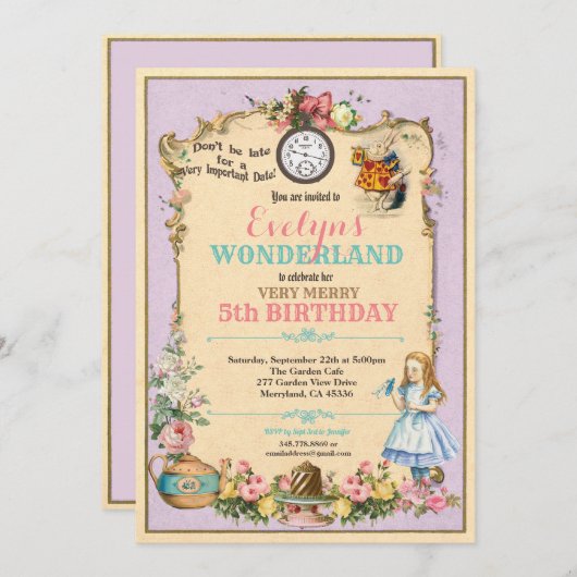Alice au pays des merveilles invitation d'annivers (Devant / Derrière)