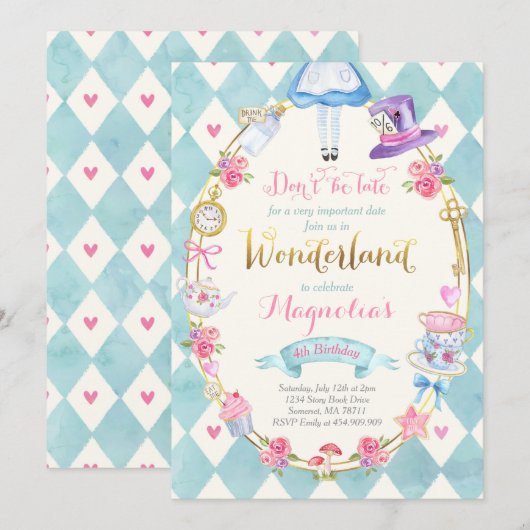 Alice Au Pays Des Merveilles Invitation Tea Party (Devant / Derrière)