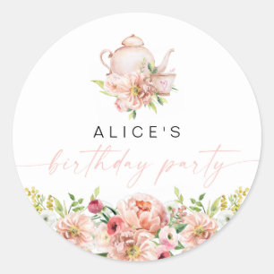 ALICE Blush Floral Birthday Tea Party Brunch Favor Ronde Sticker
