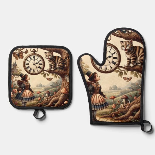 Alice & Cheshire Cat: Whimsical Wonderland Fantasy Ovenwant & Pannenlap Set (Voorkant)