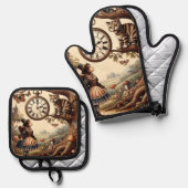Alice & Cheshire Cat: Whimsical Wonderland Fantasy Ovenwant & Pannenlap Set (Voorkant / Achterkant)
